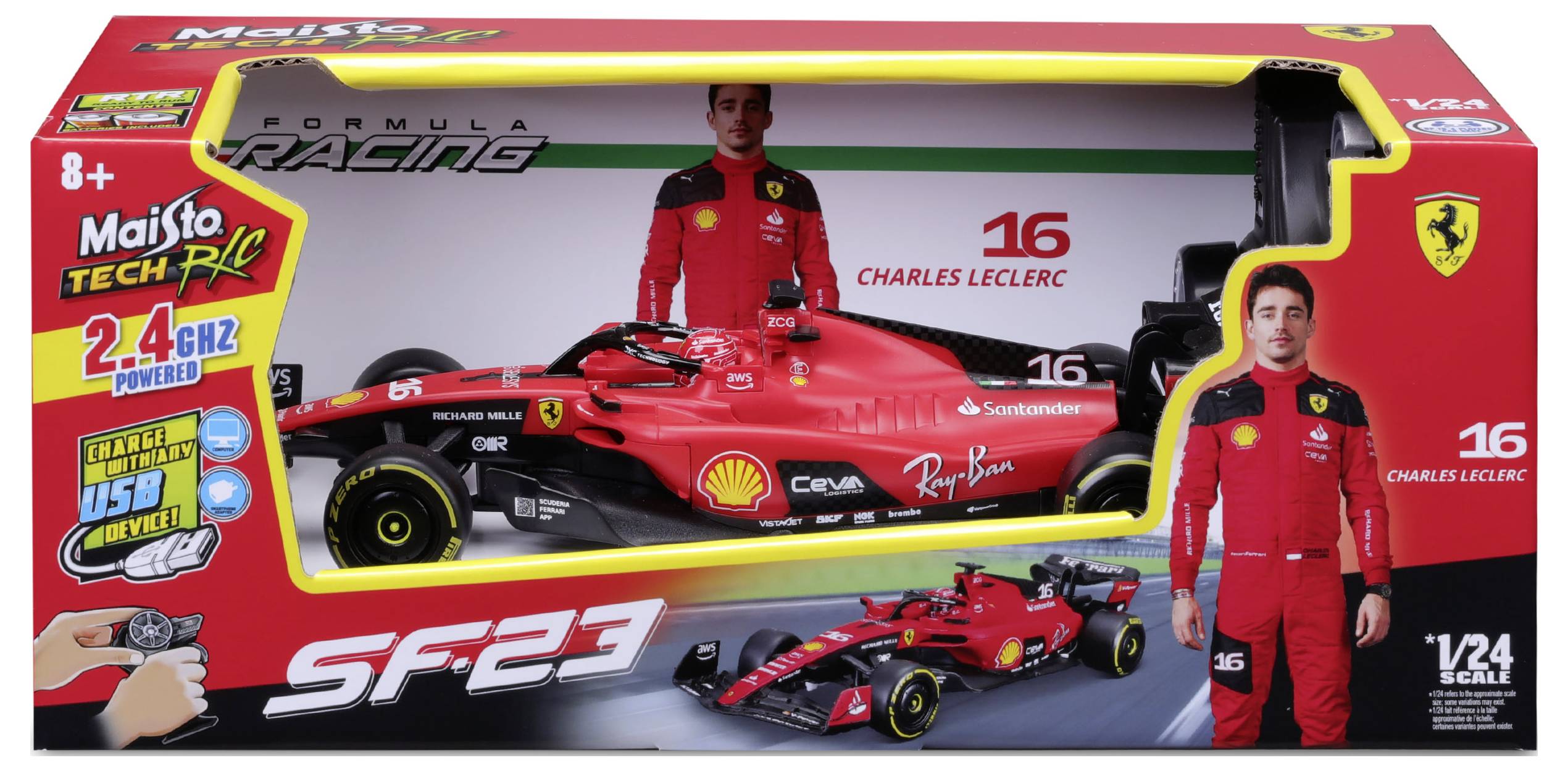 Afstandsbediend Formule 1-auto op schaal 1:24, model SF23. Verpakking toont rode auto en coureur. Geschikt voor kinderen vanaf 8 jaar.