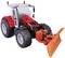 Een rode speelgoedtractor met sneeuwploeg vooraan gemonteerd, geschikt voor gebruik door kinderen. De tractor heeft grote, zwarte wielen.