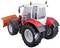 Speelgoedtractor in rood-wit met grote banden en vooraan een sneeuwschuiver, geschikt voor kinderen om buiten mee te spelen.