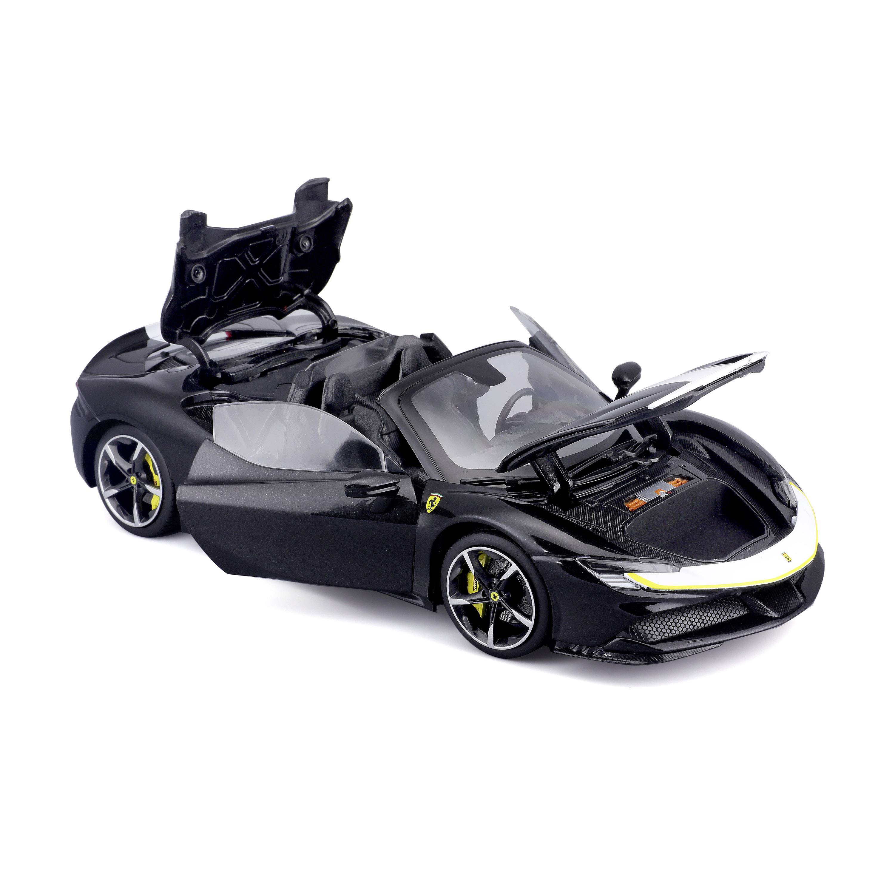 Zwart modelauto met open deuren, motorkap en kofferbak. Sportief design met gele accenten en gedetailleerd interieur.