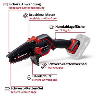 Eénhandige accu-zaag met 'borstelloze motor'. Kenmerken: opvouwbare kettingkap, handsteunvlak met zachte grip, mogelijkheid tot zwaardwissel en kettingwissel, 12,5 cm zaaglengte.