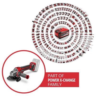 Illustratie van een draadloze haakslijper en batterij omgeven door een circulaire opstelling van Power X-Change gereedschappen, gelabeld 'ONDERDEEL VAN POWER X-CHANGE FAMILIE'.