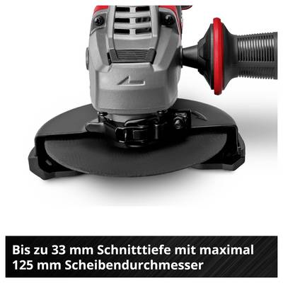 Haakslijper met beschermkap en bijgriff; Tekst: 'Tot 33 mm snijdiepte met maximaal 125 mm schijfdiameter'