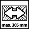 Pijl in beide richtingen op een houtachtige achtergrond. Tekst: 'max. 305 mm'.