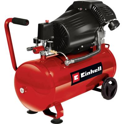 Draagbare Einhell-luchtcompressor met rode tank, zwarte motorbehuizing, handvat, wielen en drukcontroles op een witte achtergrond.