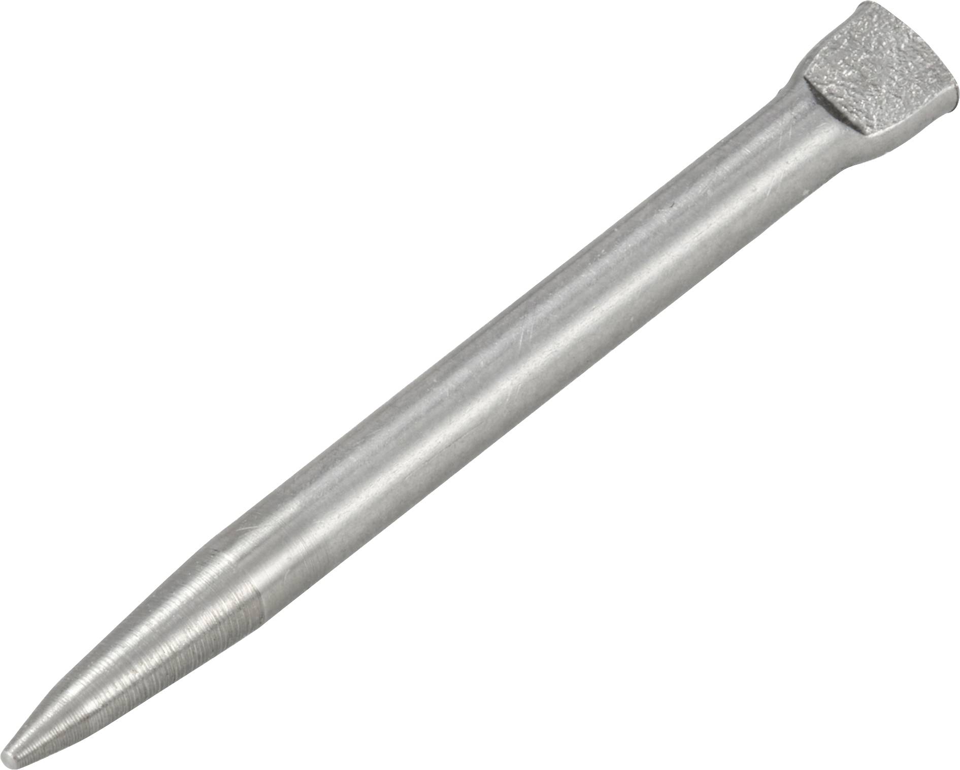 Zilvergrijze stalen spijker met een scherpe punt en platte kop, geïsoleerd op een witte achtergrond.