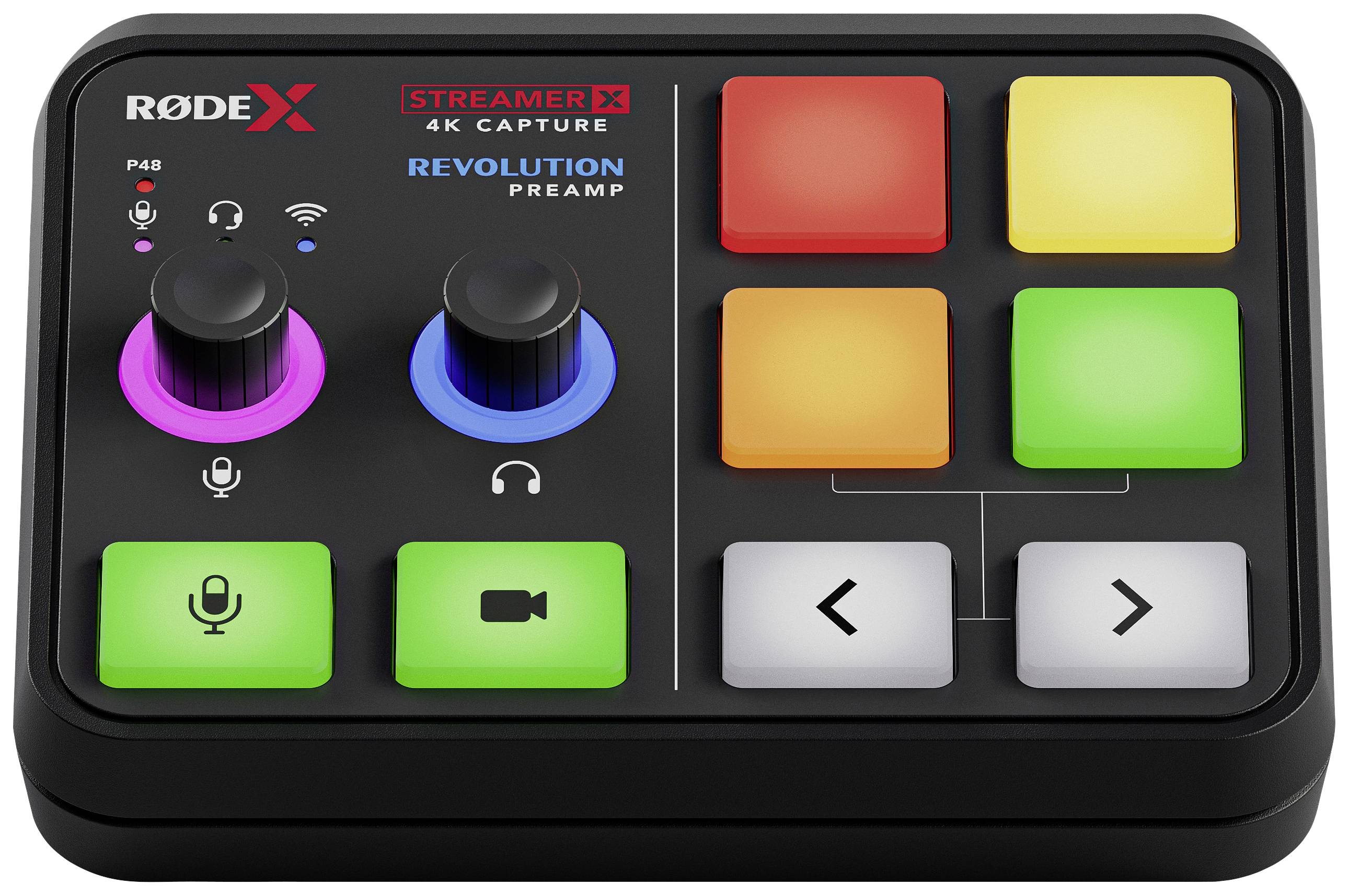 'RØDE Streamer X': Een audio-interface met knoppen, kleurenschermen en bedieningselementen, gespecialiseerd in 4K-opnames en audiomixing.