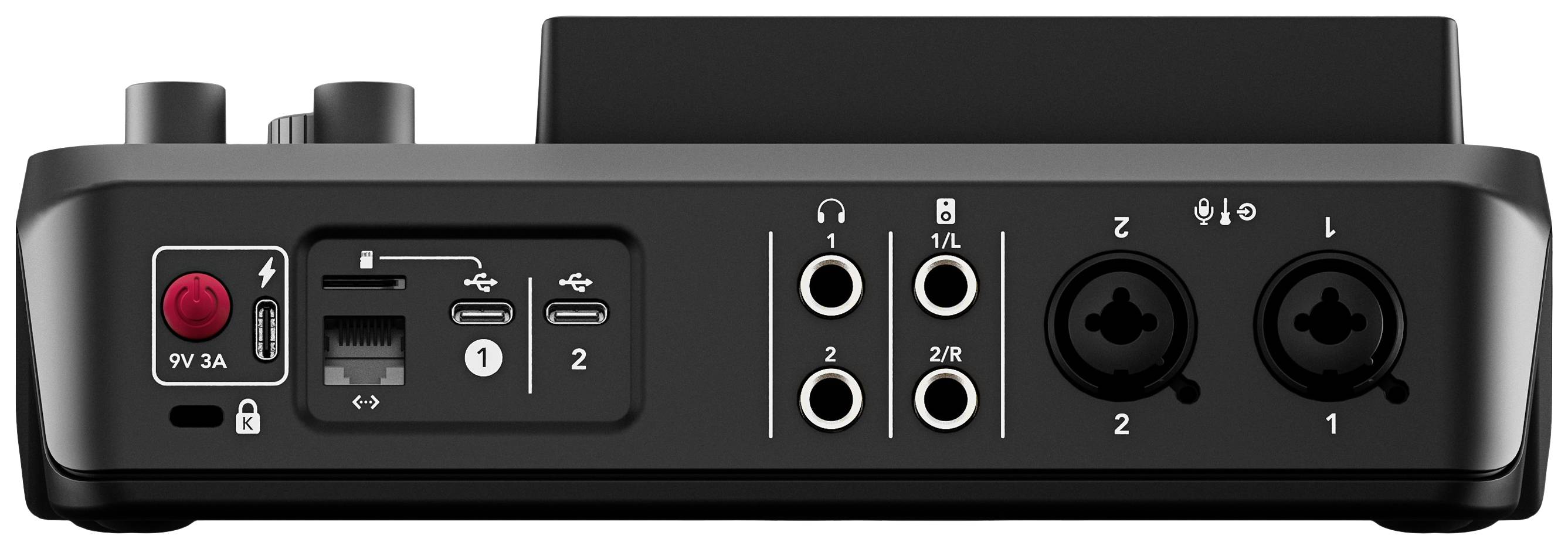 Achteraanzicht van een audio-interface met twee XLR-ingangen, twee Line-uitgangen, hoofdtelefoonaansluiting, USB-C-poorten en voedingsaansluiting.