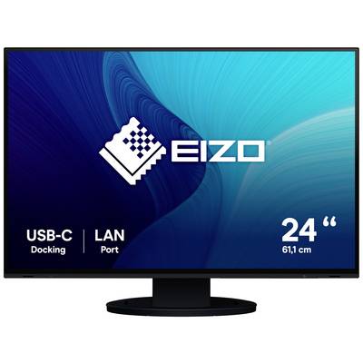 Een zwarte 24-inch monitor van Eizo met USB-C docking en LAN-poort.