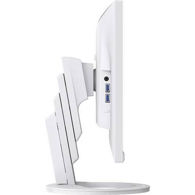 Een witte computermonitor van opzij, met een verstelbare voet en twee USB-poorten.