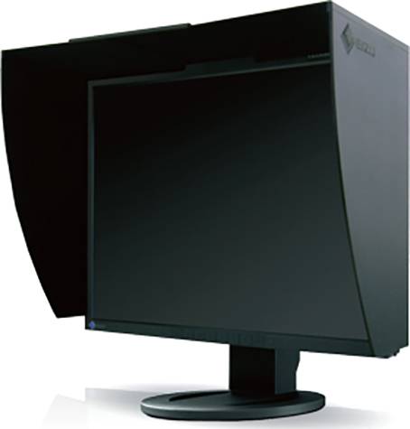 Zwarte computermonitor met schermrandafscherming aan de zijkanten, gemonteerd op een ronde voet.