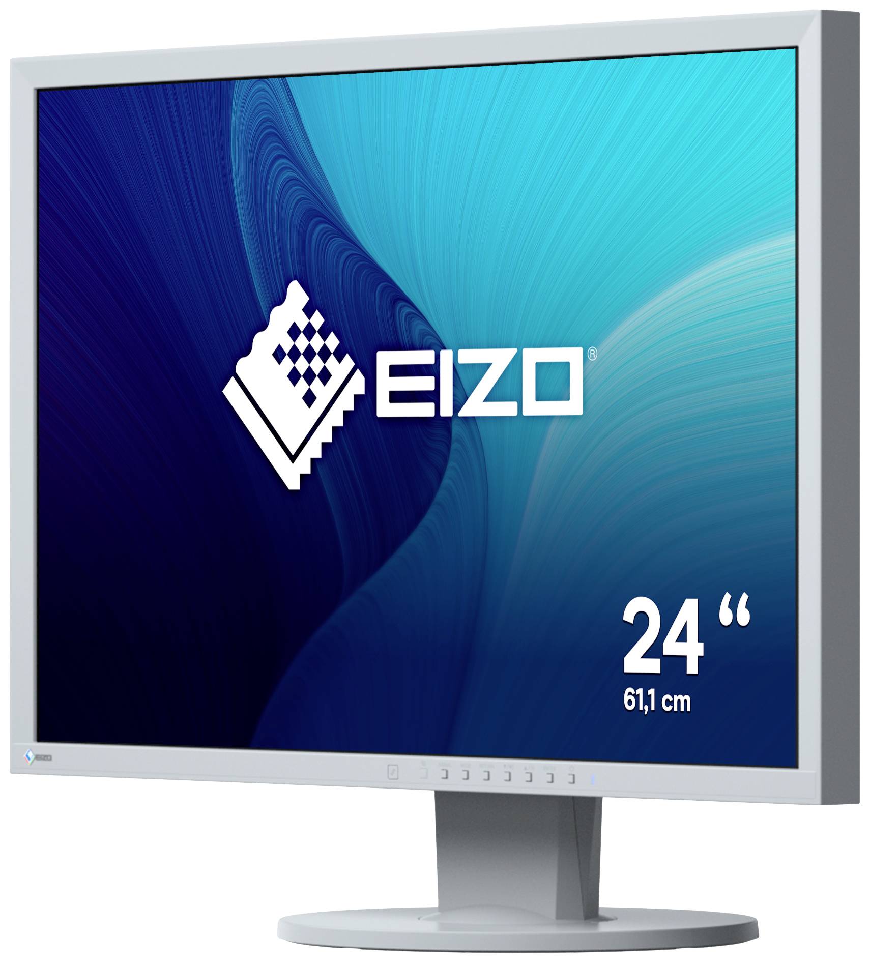 Een Eizo computerbeeldscherm toont het logo en de grootte: '24 inch, 61,1 cm'. Het display heeft blauwe grafische achtergrondpatronen.