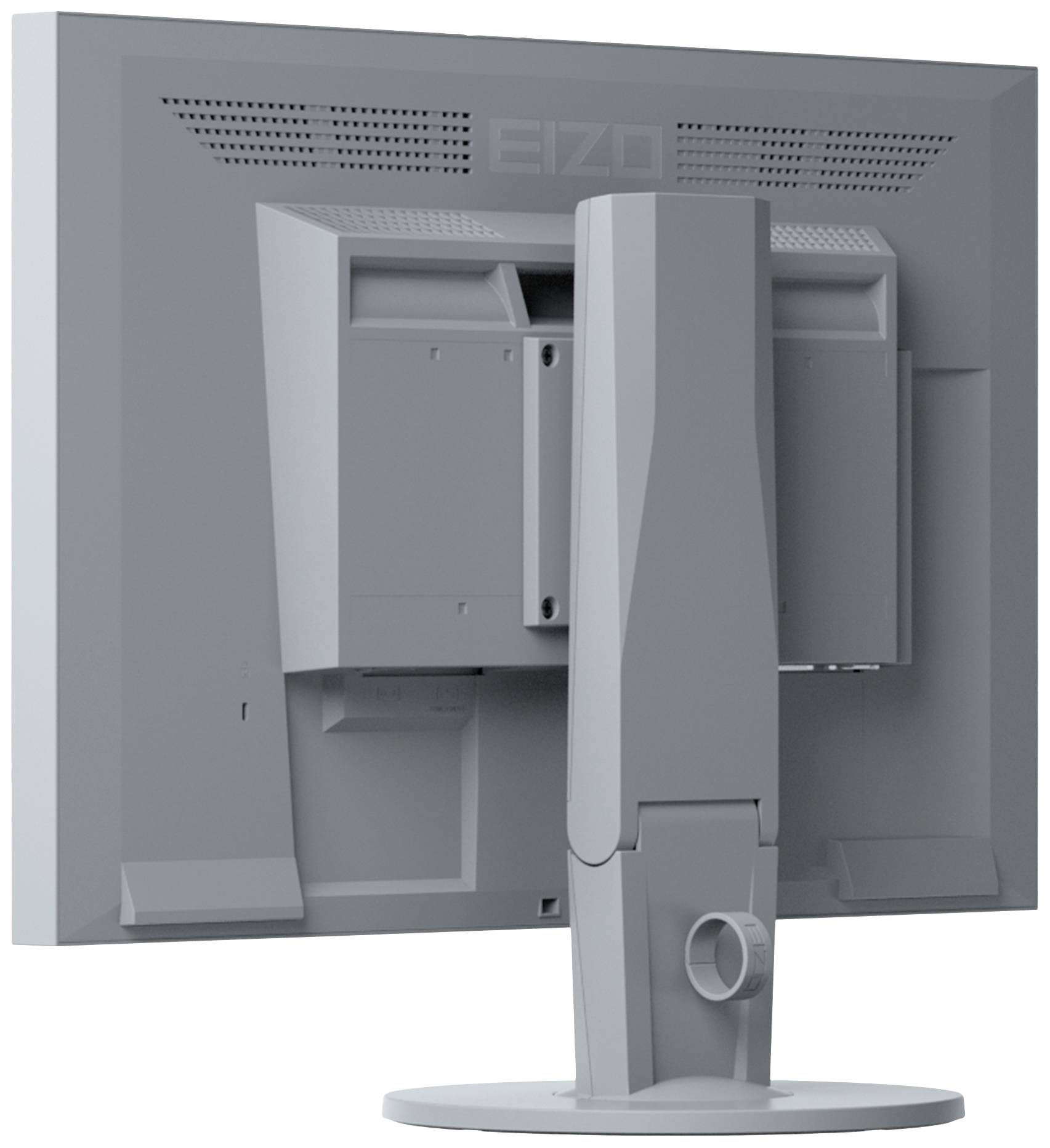 Achteraanzicht van een grijze computermonitor op een rond voetstuk met een verstelbare hals, zonder zichtbare kabels of aansluitingen.
