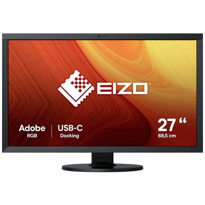 Monitor met EIZO-logo op het scherm, ondersteunt Adobe RGB en USB-C-docking, 27 inch (68,5 cm) schermgrootte.