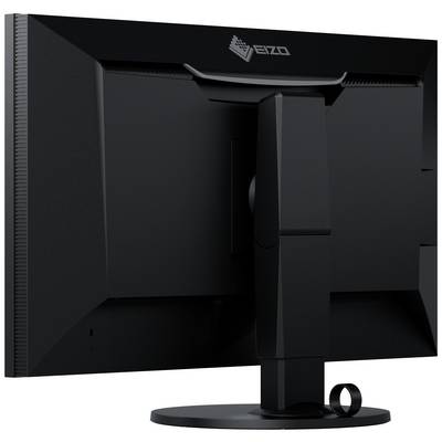 Een zwarte computermonitor, bekeken van achteren. Hij heeft een stabiele standaard en een kabelbeheersingssysteem.