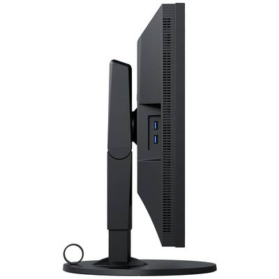 Zijaanzicht van een zwarte computermonitor op een standaard, met twee USB-poorten zichtbaar aan de zijkant.