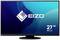 Een zwarte monitor van Eizo met een 27-inch scherm toont het Eizo-logo op een blauwe achtergrond.