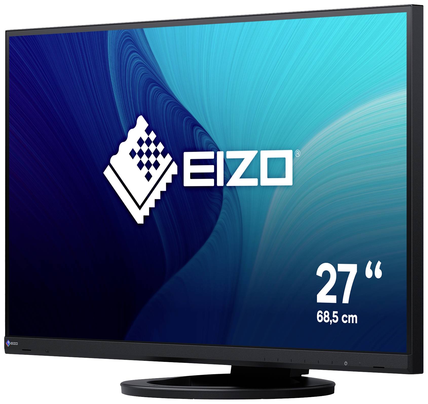 Monitor met 27 inch beeldschermdiagonaal, EIZO-logo op blauwe achtergrond.