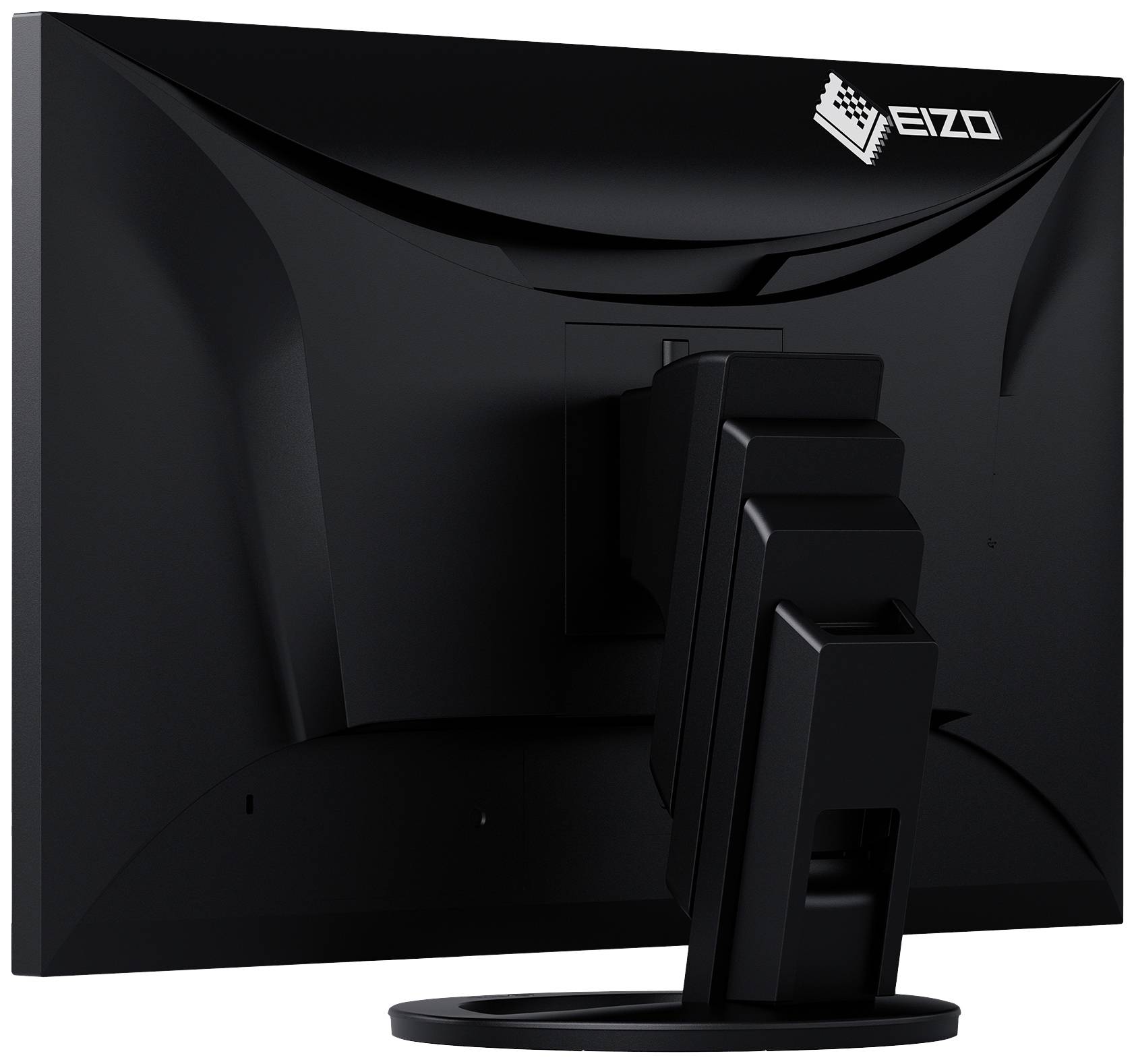 Zwarte computermonitor met verstelbare standaard, gezien van achteren, met het 'Eizo' merk zichtbaar in de rechterbovenhoek.