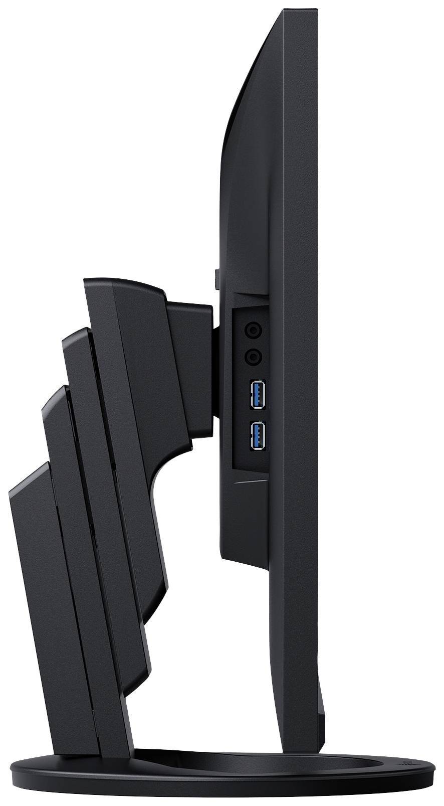 Zijaanzicht van een computermonitor met USB-poorten aan de achterkant; de monitor heeft een verstelbare hoogte.