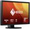 Een zwarte monitor met het 'EIZO' logo op een oranje-rode achtergrond. Tekst toont 'Adobe RGB', 'USB-C Docking', '4K UHD', '27 inch'.