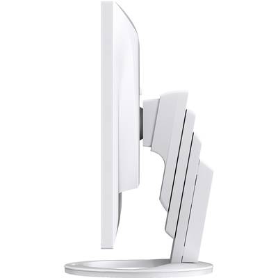 Zijaanzicht van een witte computermonitor met hoogteverstelbare standaard op een ronde voet.