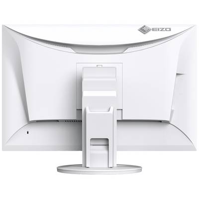 Witte computerscherm van achteren met standaard. Rechtsboven het logo van het merk 'EIZO'.