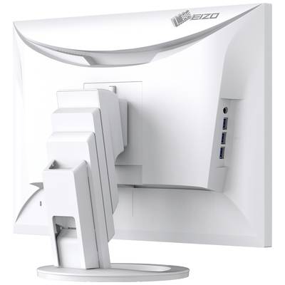 Een witte computermonitor van achteren gezien met een verstelbare standaard en drie USB-poorten aan de zijkant.