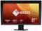 Een zwarte monitor met een kleurrijk scherm toont het logo 'EIZO' en de tekst 'Adobe RGB, USB-C Docking, LAN-poort, 27 inch'.