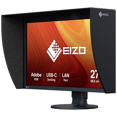 Een computermonitor met EIZO-logo op het scherm toont verschillende functies, waaronder Adobe RGB, USB-C-docking, LAN-poort; de schermdiagonaal bedraagt 27 inch.