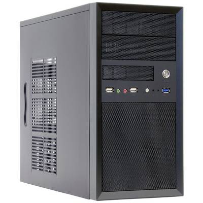 Een zwarte tower-pc-behuizing met ventilatiesleuven, meerdere frontaansluitingen en een aan-uitschakelaar.