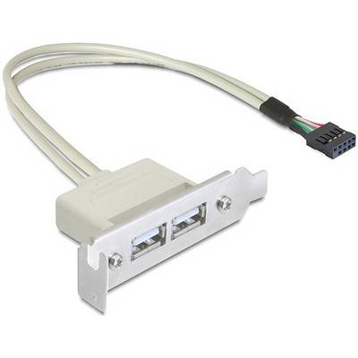 'Verlengkabel met twee USB-poorten en een multi-aderige stekker. Ideaal voor het aansluiten van interne apparaten op externe poorten.'