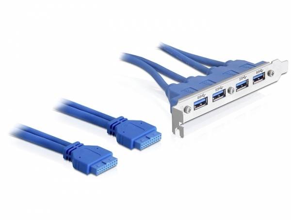 Een set van blauwe USB 3.0-poorten met vier aansluitingen op een metalen beugel, vergezeld van twee blauwe interne steekkabels.