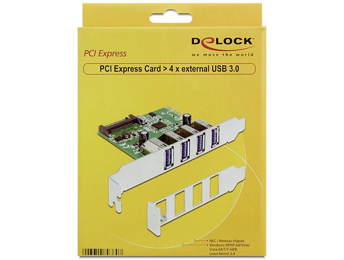 PCI-Express-kaart van DeLock voor 4 externe USB 3.0-poorten, weergegeven in een gele verpakking.