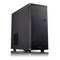 Zwart pc-behuizing met zijdelings ventilatierooster, twee USB-poorten en een ronde aan-uitknop aan de voorkant.