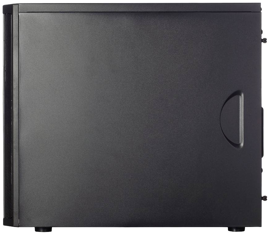 Zwart computerbehuizing van opzij, strak design met gladde oppervlakte en zichtbare deurgreep.