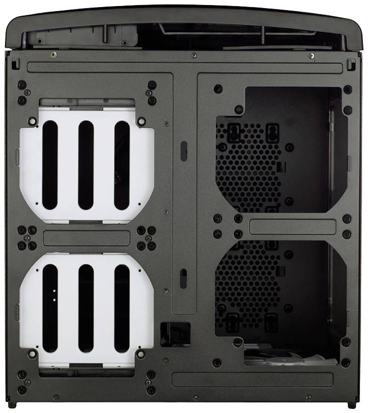 Een open computerbehuizing die het binnenste toont met twee witte harde-schijfkooien en ventilatiesleuven. Het is ontworpen voor het installeren van hardware.