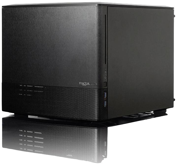 Een zwart, compact computerbehuizing met USB-aansluitingen en een discreet design. Geschikt voor de assemblage van een compacte pc.