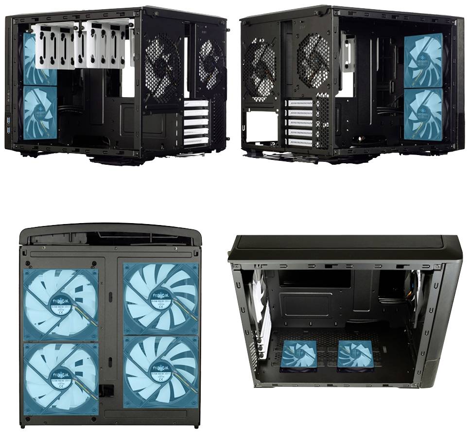 Een zwart pc-behuizing met meerdere blauwe ventilatoren, ontworpen voor koeling. Het toont open aanzichten van voor-, achter- en binnenkant.