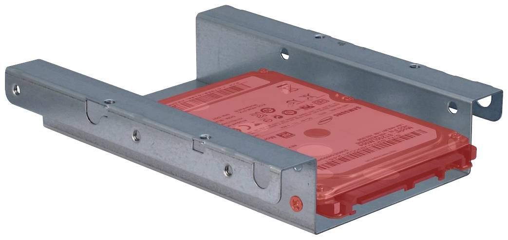 Metalen frame voor het bevestigen van een rode harde schijf. Toont montagehoeken en schroefgaten voor installatie in een computerbehuizing.