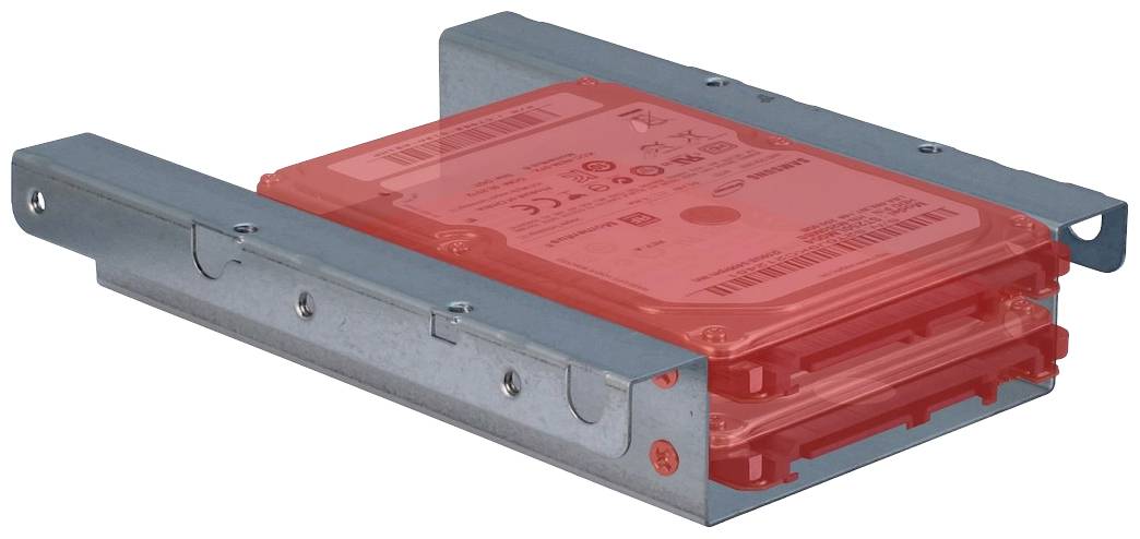 Een metalen houder voor harde schijven, met twee sleuven waarin telkens een harde schijf stevig is bevestigd.