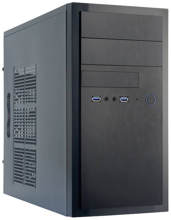 Een zwarte computer-toren met meerdere USB-poorten en schijfeenheidsleuven aan de voorkant.