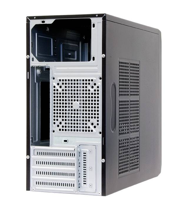 Een open computerbehuizing in zwart met zicht op de lege binnenkant en achterkant. Klaar voor montage van hardwarecomponenten.