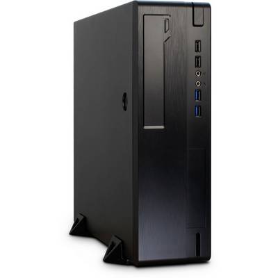 Een zwarte computerbehuizing met USB- en audiopoorten aan de voorkant, staand op twee steunvoeten.
