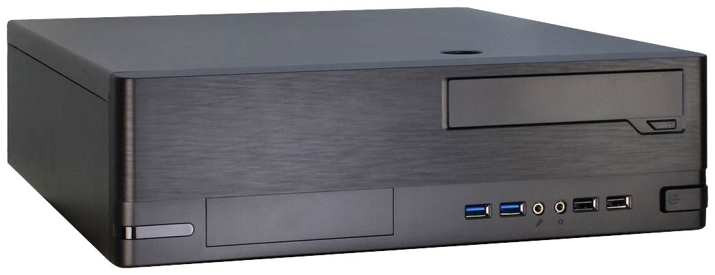 Een zwart desktop-behuizing met een optische drive-sleuf, meerdere USB-poorten en ventilatiesleuven aan de voorkant.