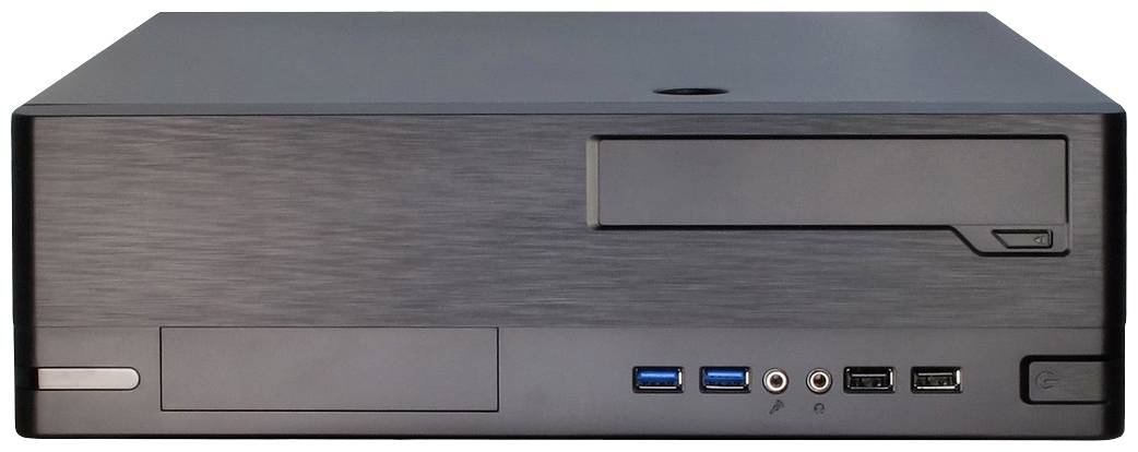 Een zwarte desktop-pc-behuizing met USB-poorten en audioaansluitingen aan de voorkant.