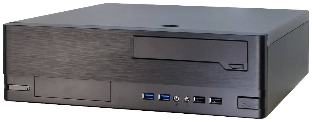 Een zwarte desktop-pc-behuizing in slanke uitvoering met een drive-bay, meerdere USB-poorten en een aan/uit-knop aan de voorkant.