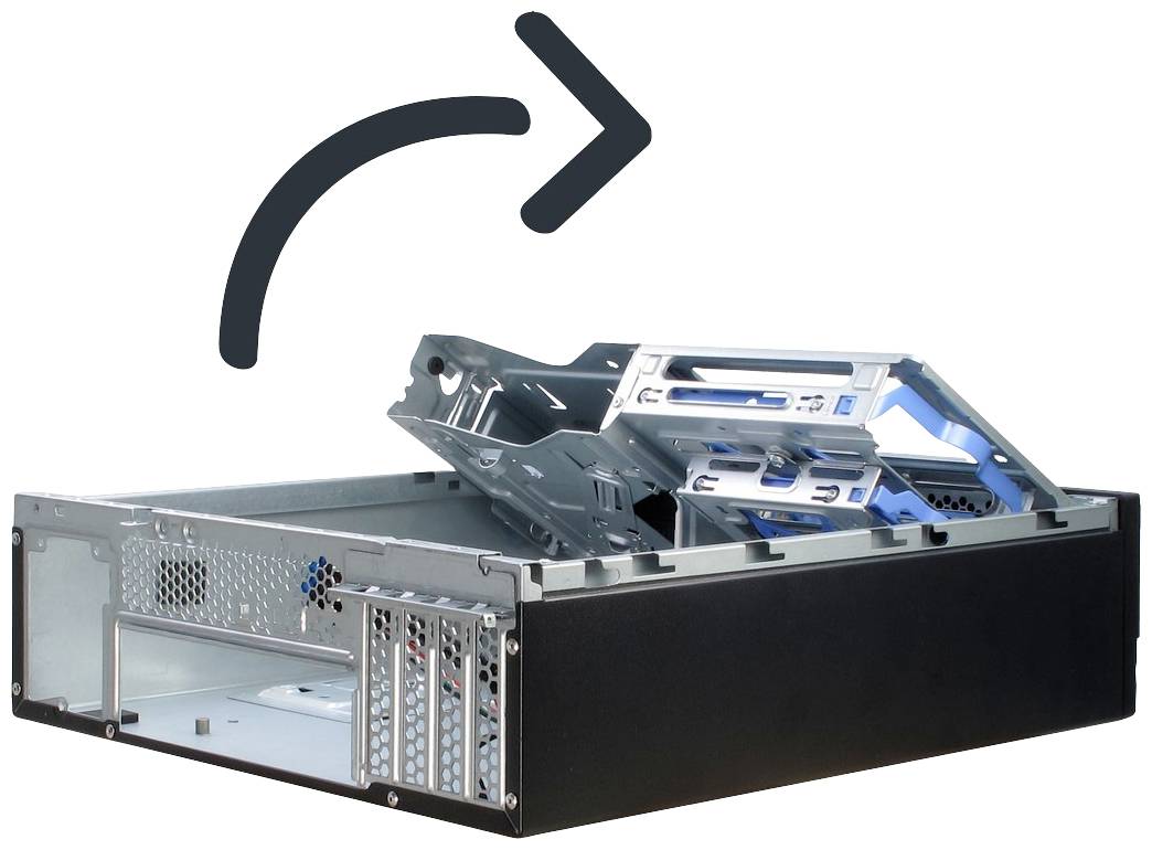 Een computerbehuizing wordt gekanteld om te laten zien hoe interne componenten gemakkelijker kunnen worden geïnstalleerd. Een pijl geeft de kantelrichting aan.