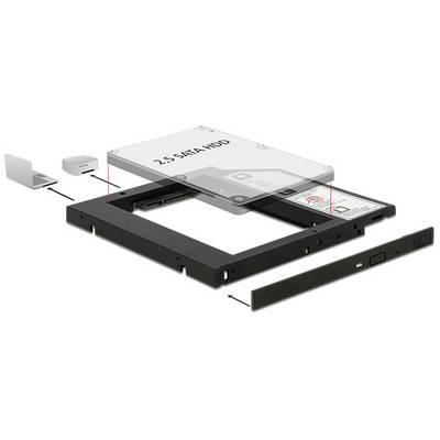Ontploffingstekening van een 2,5-inch SATA-harde schijf behuizing, toont de rangschikking van individuele componenten voor montage.