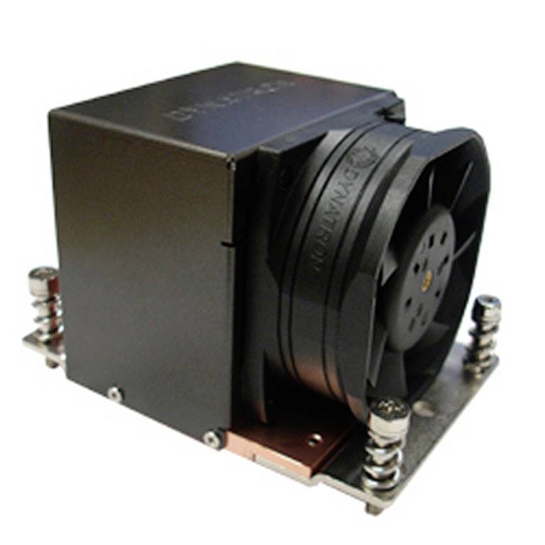Een zwarte radiale ventilator op een metalen plaat met veerbevestigingen. De ventilator is rechthoekig en heeft ventilatiesleuven aan de zijkant.